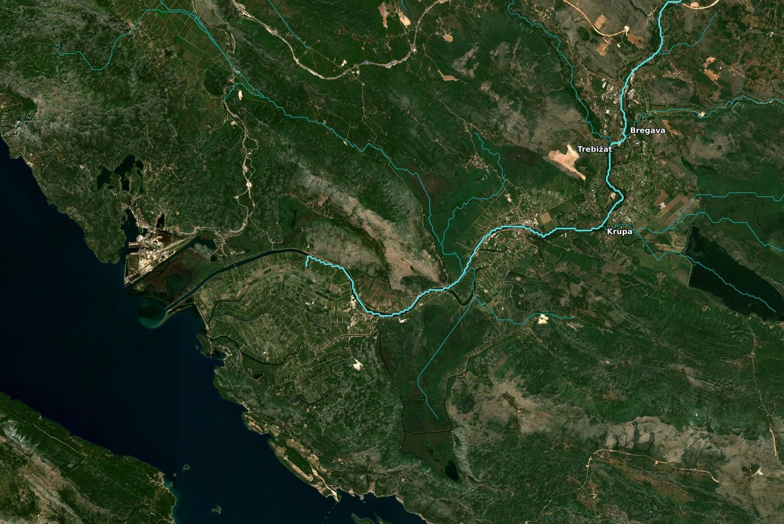Satellite view of the Neretva delta with channels drawn