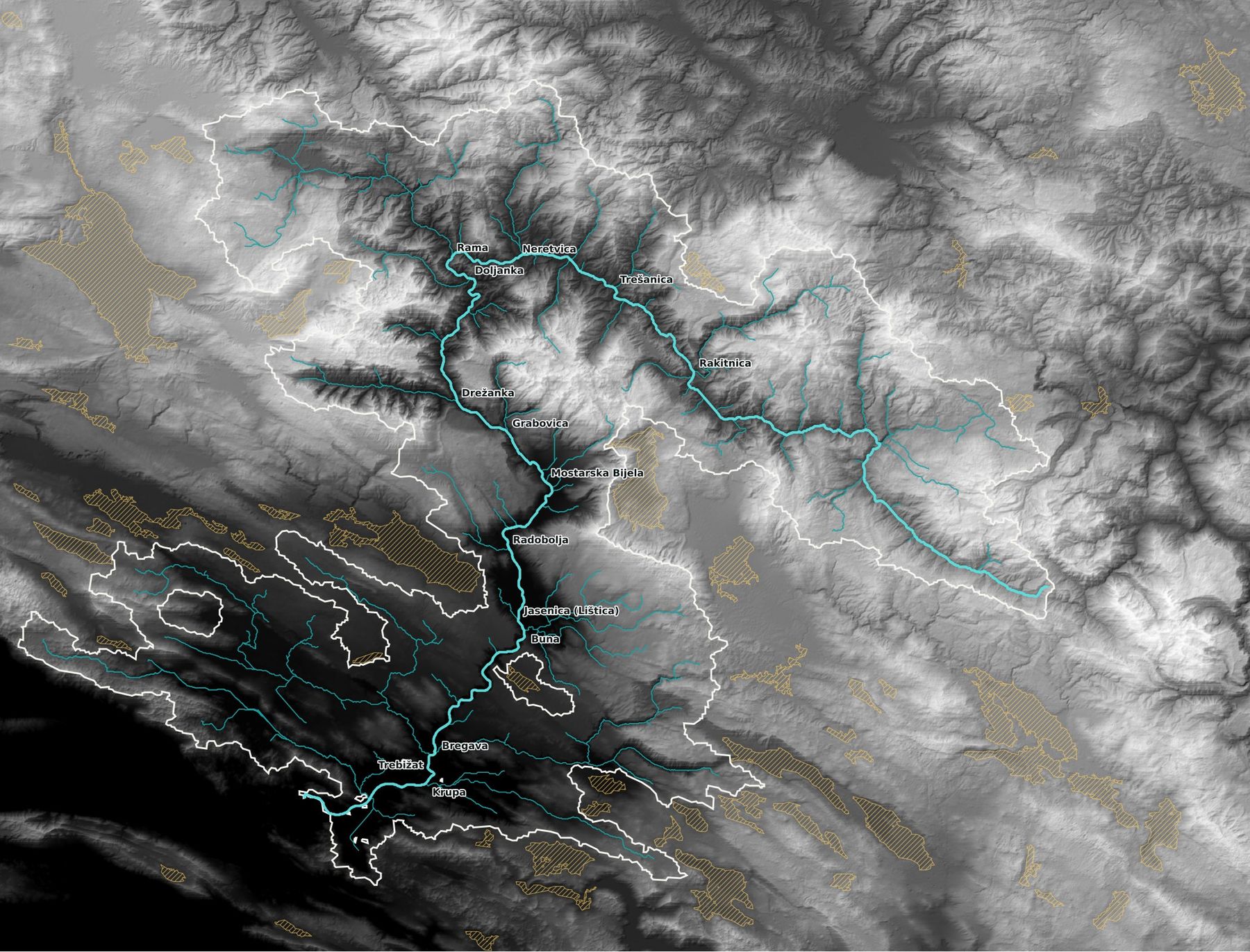 Hillshaded elevation model of the Neretva basin with the stream network and karst sinks