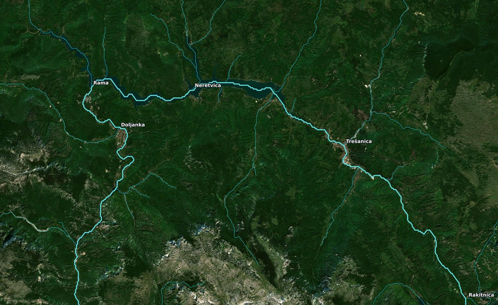 Satellite view of Jablanica reservoir with the Rama, Doljanka and Neretvica