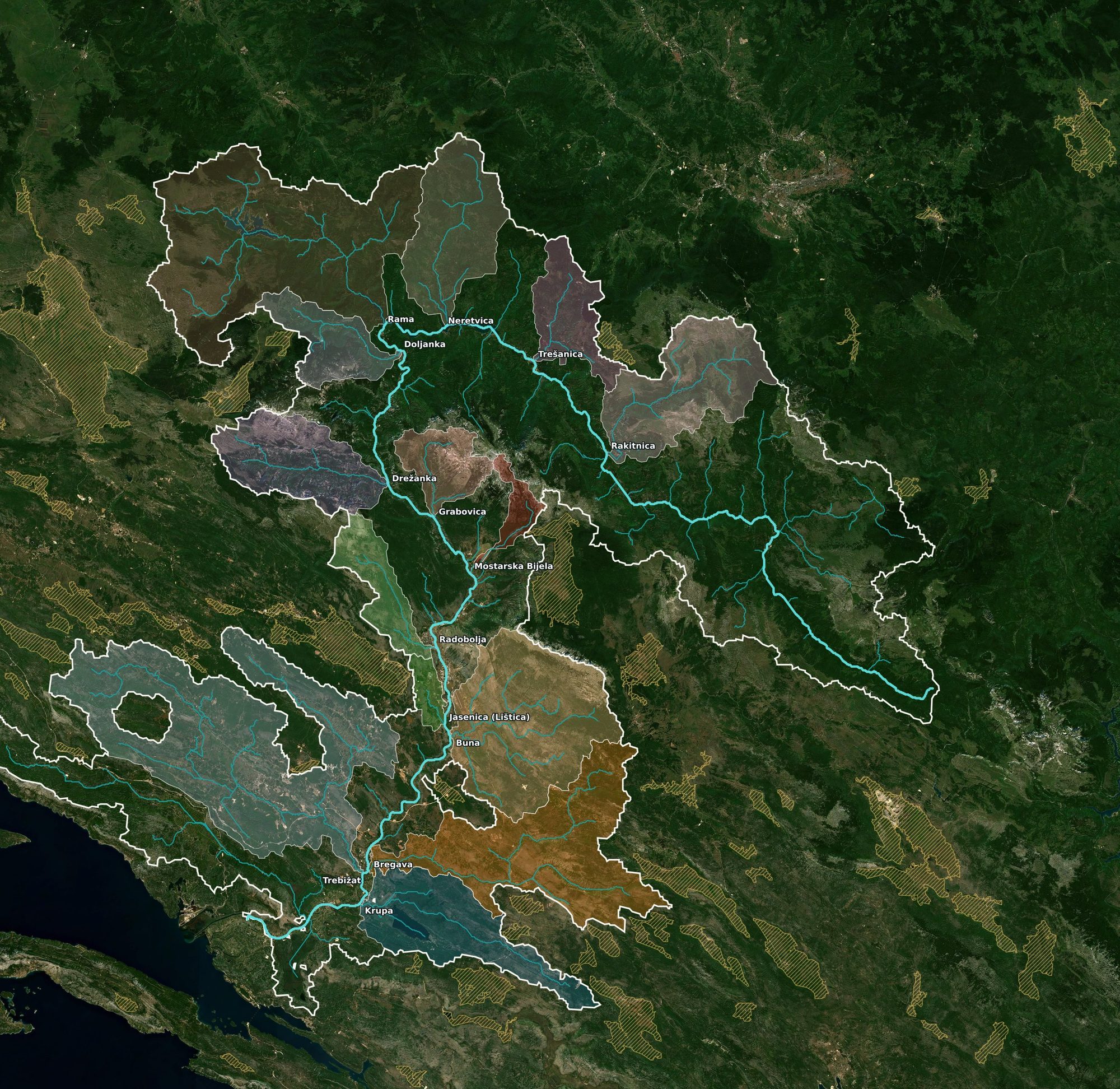 Sentinel-2 satellite mosaic of the Neretva basin with the river network, main stem, and tributary catchments drawn over it