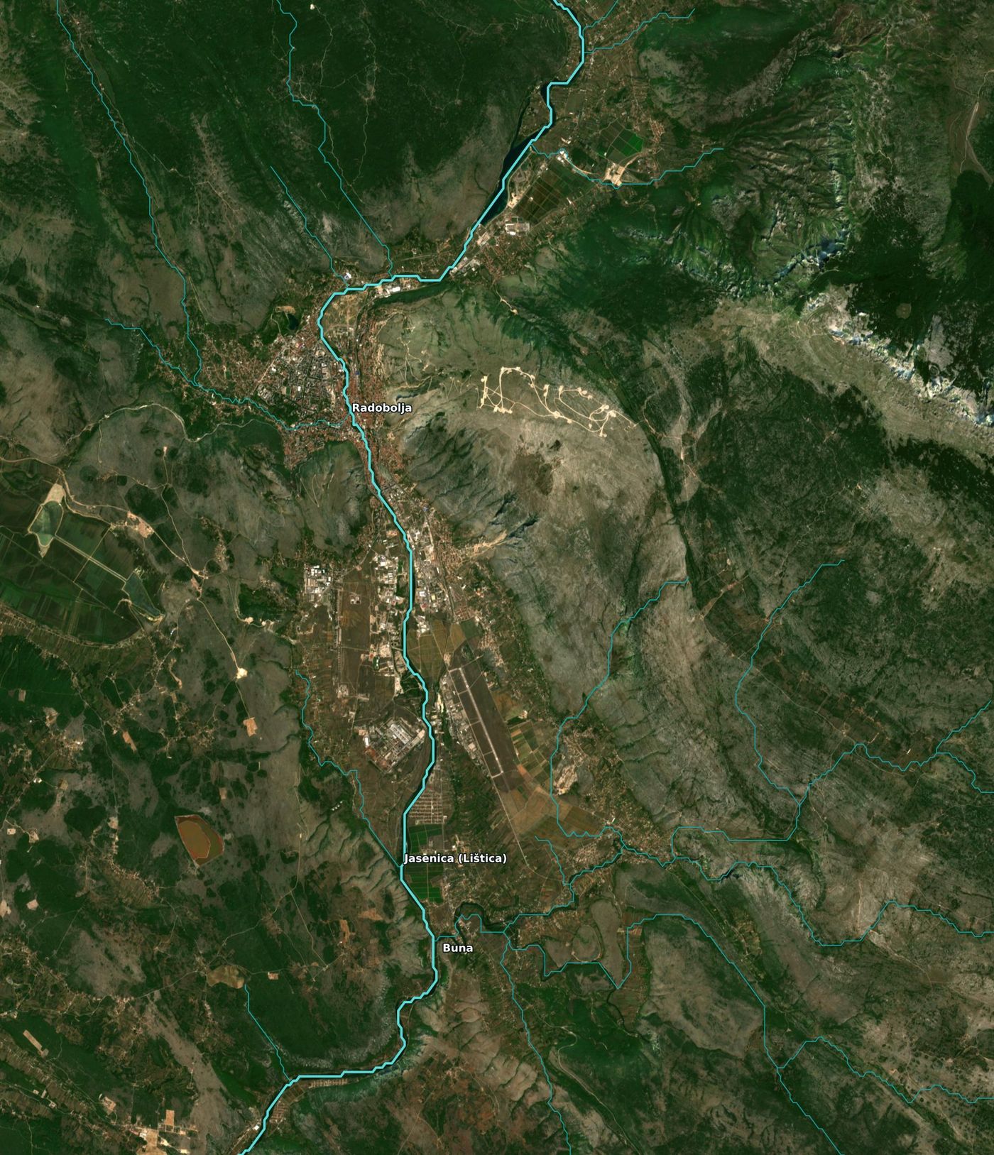 Satellite view of Mostar and the Buna confluence